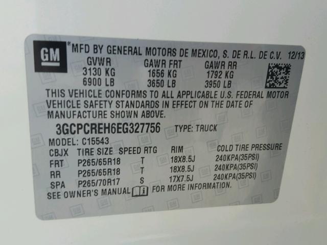 3GCPCREH6EG327756 - 2014 CHEVROLET SILVERADO WHITE photo 10