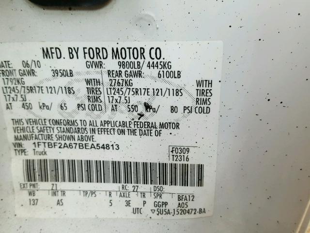 1FTBF2A67BEA54813 - 2011 FORD F250 SUPER WHITE photo 10