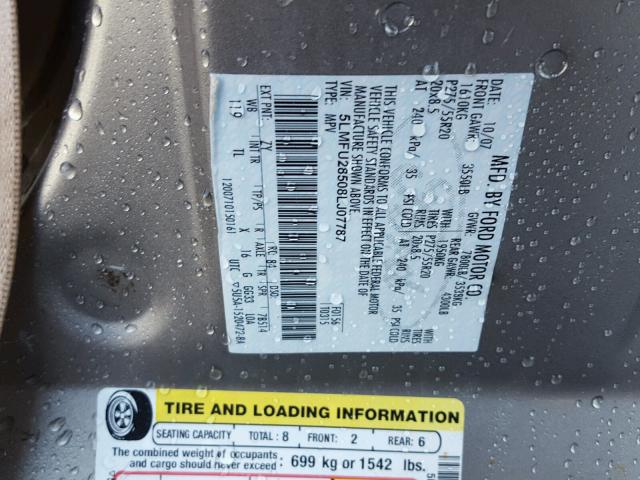 5LMFU28508LJ07787 - 2008 LINCOLN NAVIGATOR 灰色 照片 10