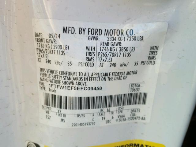 1FTFW1EF5EFC09458 - 2014 FORD F150 SUPER WHITE photo 10