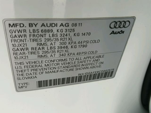 WA1DGAFE8CD002575 - 2012 AUDI Q7 PRESTIG WHITE photo 10