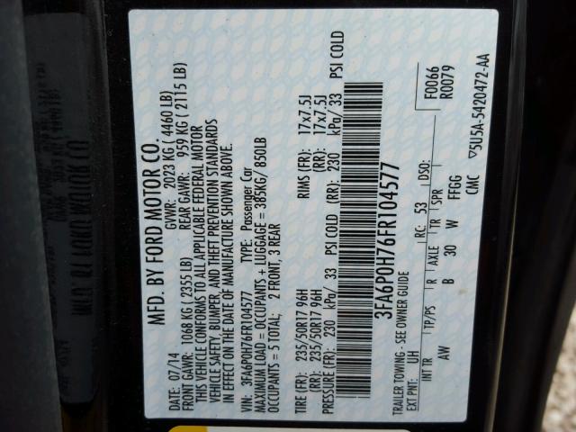 3FA6P0H76FR104577 - 2015 FORD FUSION SE BLACK photo 10