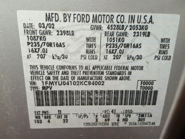 1FMYU04102KC84002 - 2002 FORD ESCAPE XLT SILVER photo 10