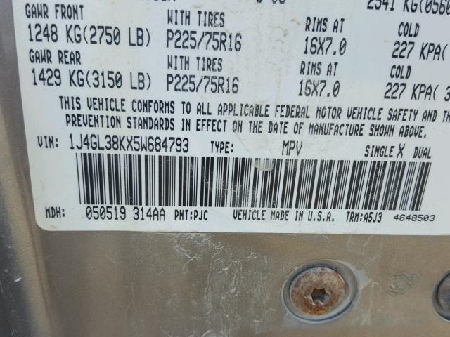 1J4GL38KX5W684793 - 2005 JEEP LIBERTY RE BROWN photo 10