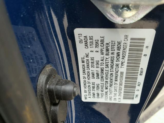 2HGFB2F58DH559088 - 2013 HONDA CIVIC LX BLUE photo 10