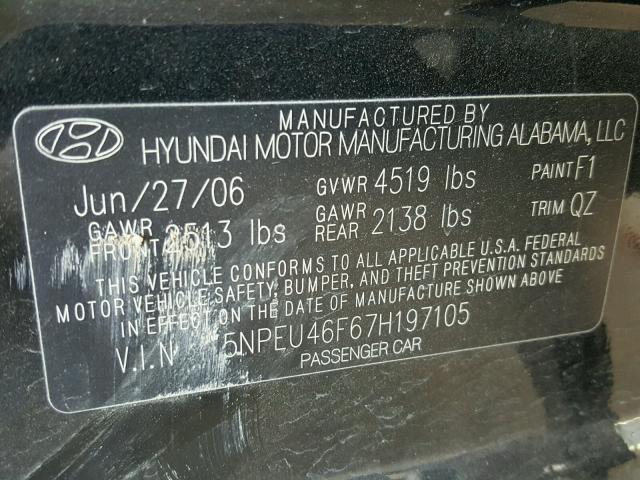 5NPEU46F67H197105 - 2007 HYUNDAI SONATA SE BLACK photo 10