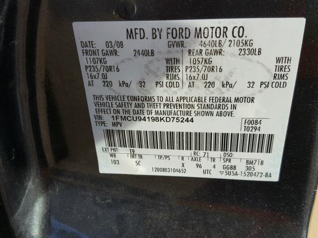 1FMCU94198KD75244 - 2008 FORD ESCAPE LIM BLACK photo 10