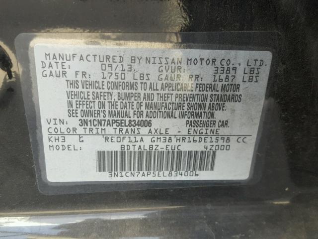 3N1CN7AP5EL834006 - 2014 NISSAN VERSA S BLACK photo 10