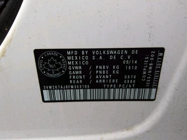 3VW2K7AJ6FM353106 - 2015 VOLKSWAGEN JETTA BASE WHITE photo 9