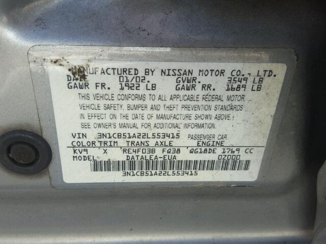 3N1CB51A22L553415 - 2002 NISSAN SENTRA GXE SILVER photo 10