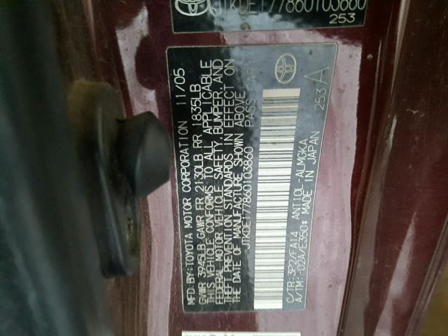 JTKDE177860103860 - 2006 TOYOTA SCION TC 勃艮第红 照片 10