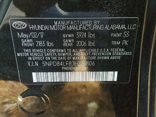 5NPD84LF8JH225806 - 2018 HYUNDAI ELANTRA SE BLACK photo 10