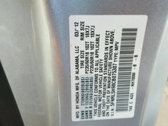 5FNRL5H98CB075307 - 2012 HONDA ODYSSEY TO SILVER photo 10