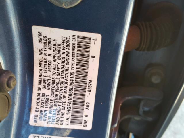 1HGFA16856L094105 - 2006 HONDA CIVIC EX BLUE photo 10