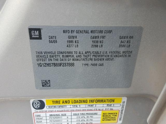 1G1ZH57B69F237888 - 2009 CHEVROLET MALIBU 1LT GOLD photo 10