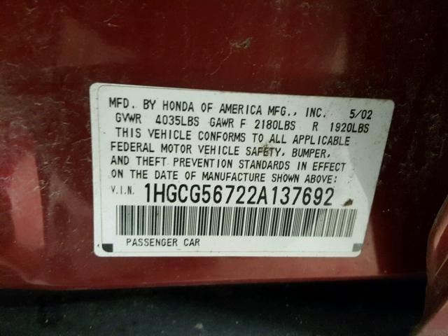 1HGCG56722A137692 - 2002 HONDA ACCORD SE RED photo 8