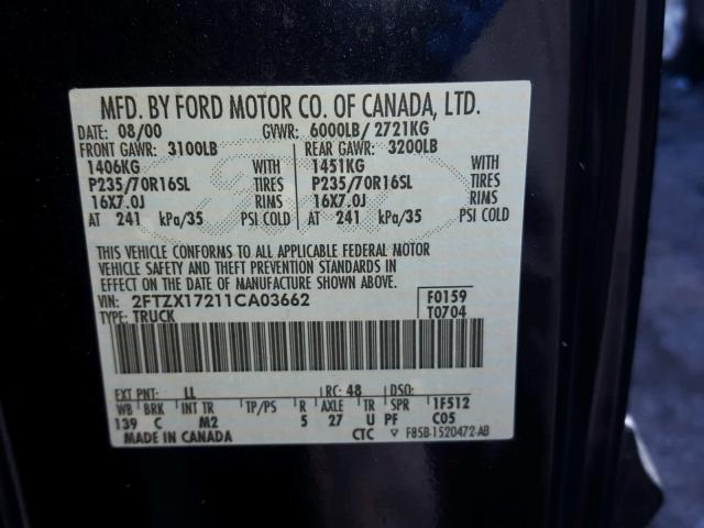 2FTZX17211CA03662 - 2001 FORD F150 BLACK photo 10