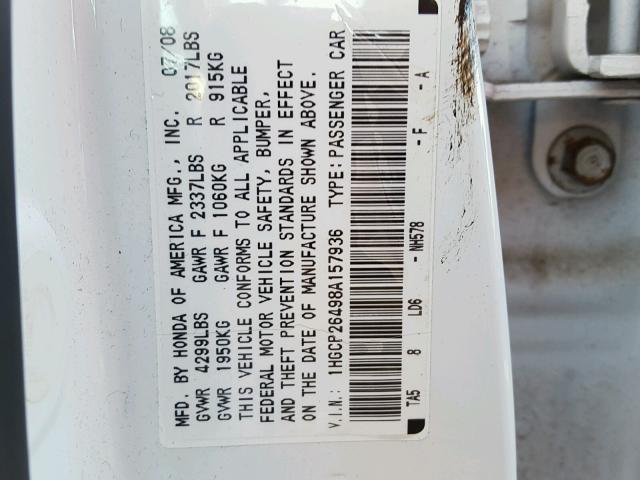 1HGCP26498A157936 - 2008 HONDA ACCORD LXP WHITE photo 10