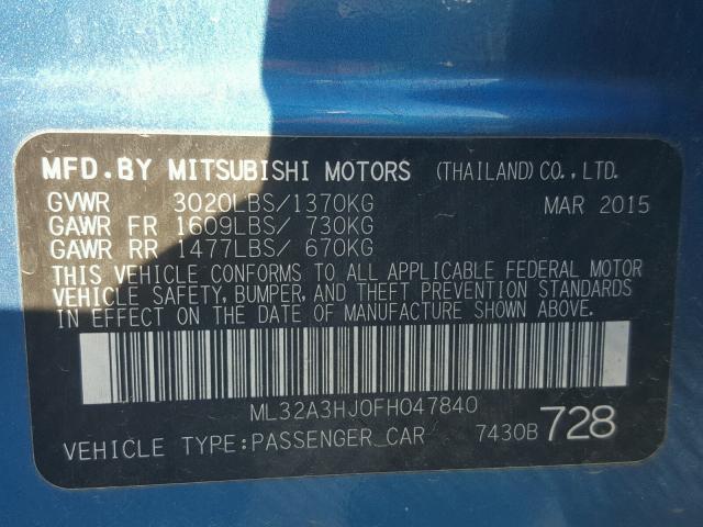 ML32A3HJ0FH047840 - 2015 MITSUBISHI MIRAGE DE BLUE photo 10