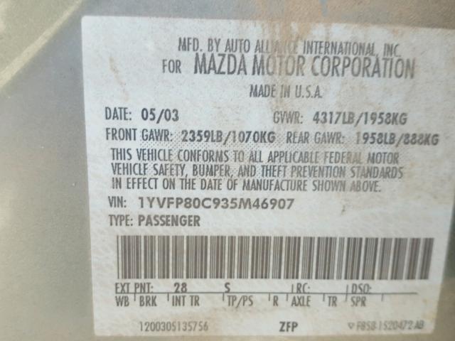 1YVFP80C935M46907 - 2003 MAZDA 6 I GREEN photo 10