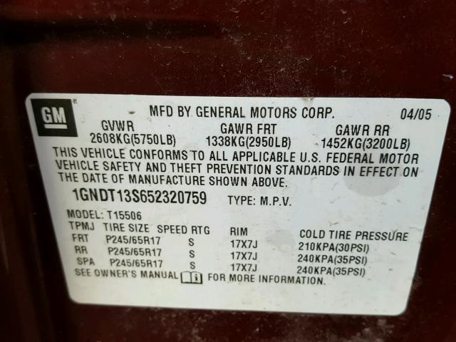 1GNDT13S652320759 - 2005 CHEVROLET TRAILBLAZE BURGUNDY photo 10