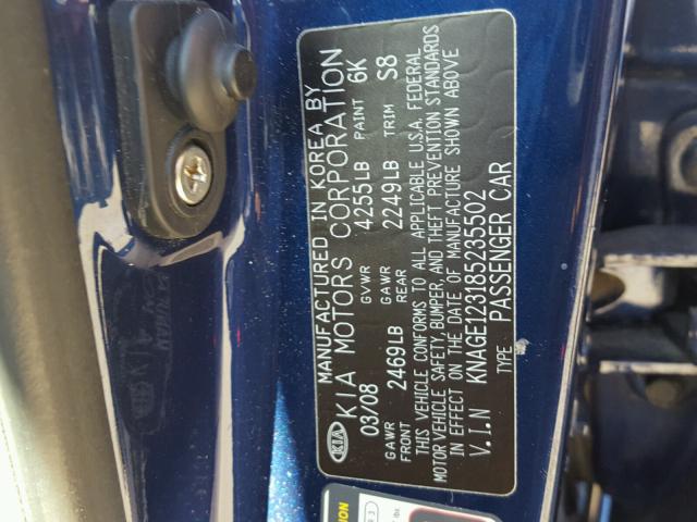 KNAGE123185235502 - 2008 KIA OPTIMA LX BLUE photo 10