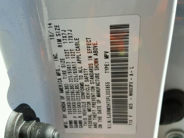 5J6RM3H70FL000855 - 2015 HONDA CR-V EXL WHITE photo 10