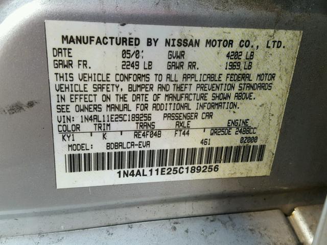 1N4AL11E25C189256 - 2005 NISSAN ALTIMA S SILVER photo 10