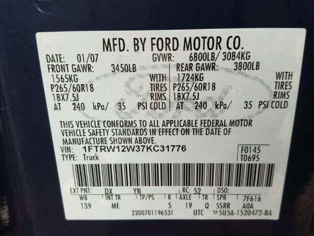 1FTRW12W37KC31776 - 2007 FORD F150 SUPER BLUE photo 10