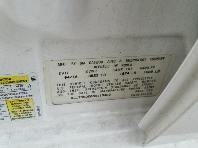 KL1TD5DE6AB119463 - 2010 CHEVROLET AVEO LS 白色 照片 10