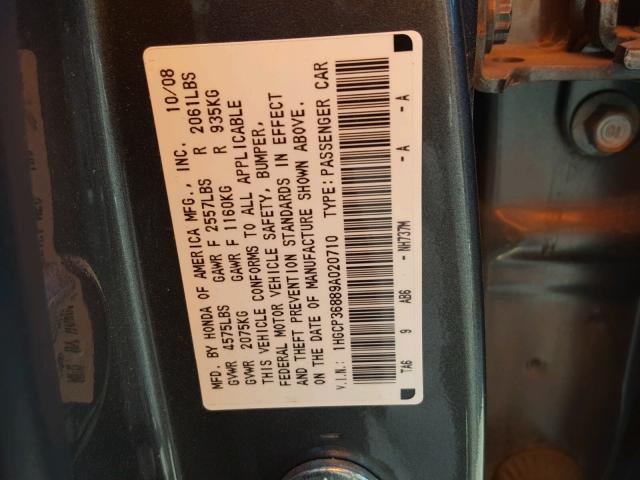 1HGCP36889A020710 - 2009 HONDA ACCORD EXL GRAY photo 10