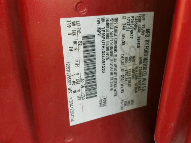 1FMPU16L04LA81530 - 2004 FORD EXPEDITION RED photo 10