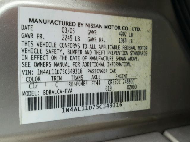 1N4AL11D75C349316 - 2005 NISSAN ALTIMA S BEIGE photo 10