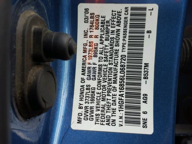 1HGFA16856L068720 - 2006 HONDA CIVIC EX BLUE photo 10