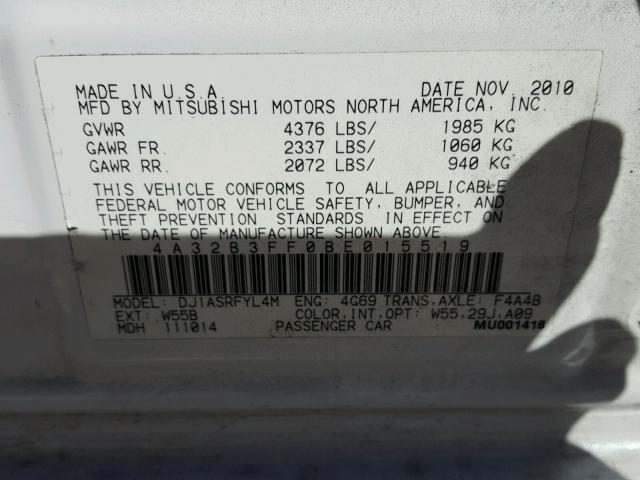 4A32B3FF0BE015519 - 2011 MITSUBISHI GALANT ES WHITE photo 10