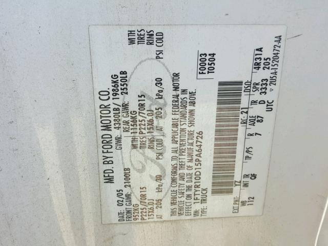 1FTYR10D15PA64726 - 2005 FORD RANGER WHITE photo 10