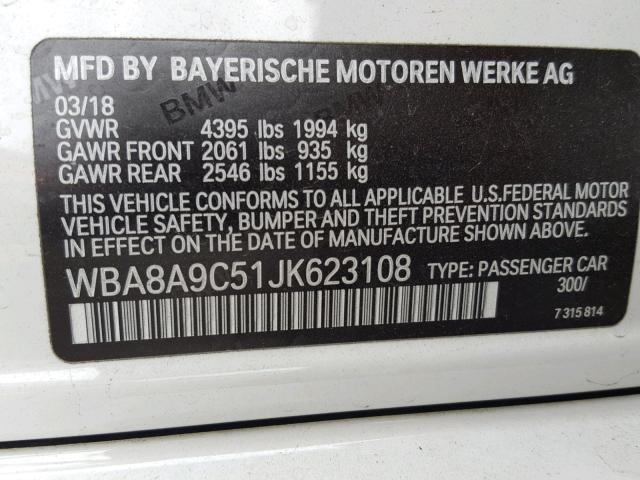 WBA8A9C51JK623108 - 2018 BMW 320 I WHITE photo 10