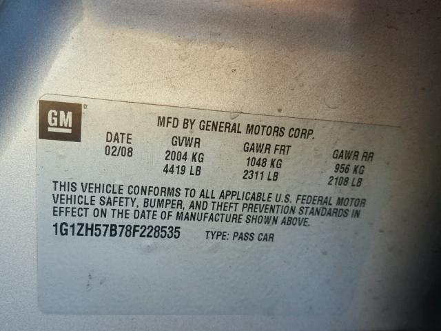 1G1ZH57B78F228535 - 2008 CHEVROLET MALIBU 1LT Արծաթագույն լուսանկար 10