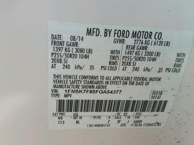 1FM5K7F85FGA54377 - 2015 FORD EXPLORER L WHITE photo 10