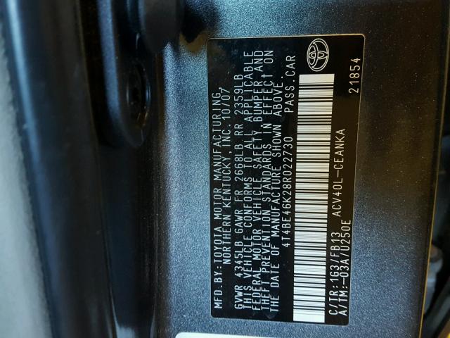 4T4BE46K28R022730 - 2008 TOYOTA CAMRY CE GRAY photo 10