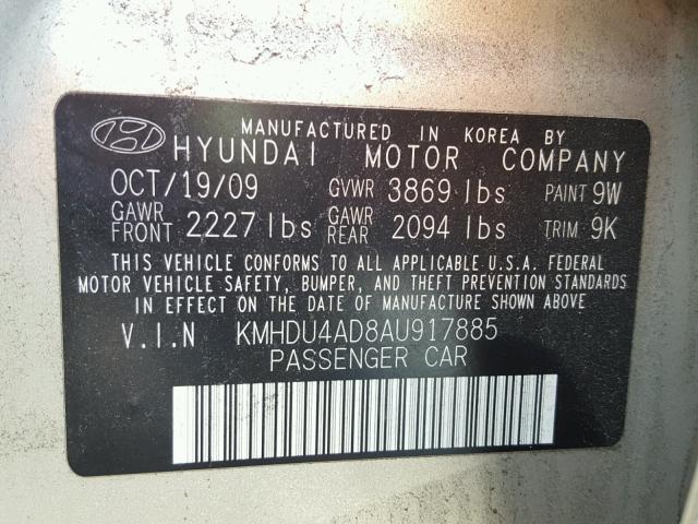 KMHDU4AD8AU917885 - 2010 HYUNDAI ELANTRA BL GOLD photo 10