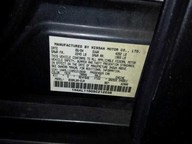 1N4AL11D05C212038 - 2005 NISSAN ALTIMA S GRAY photo 10