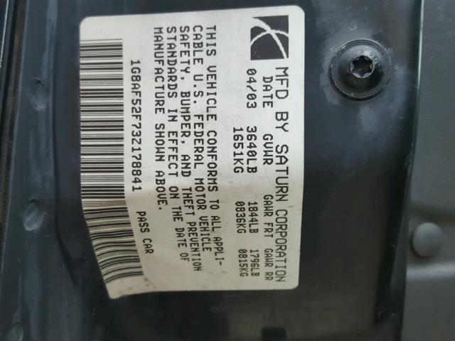 1G8AF52F73Z178841 - 2003 SATURN ION LEVEL BLACK photo 10