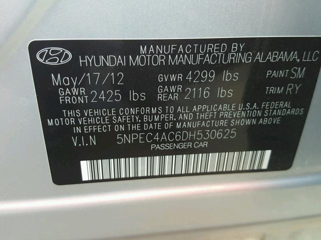 5NPEC4AC6DH530625 - 2013 HYUNDAI SONATA SE SILVER photo 10