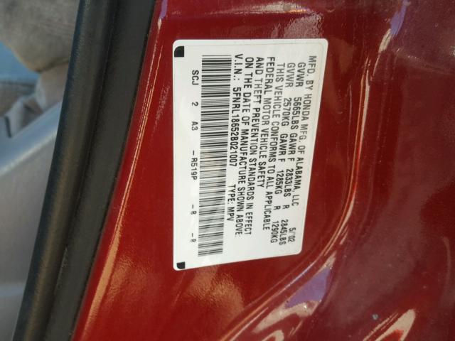 5FNRL18652B021007 - 2002 HONDA ODYSSEY EX RED photo 10