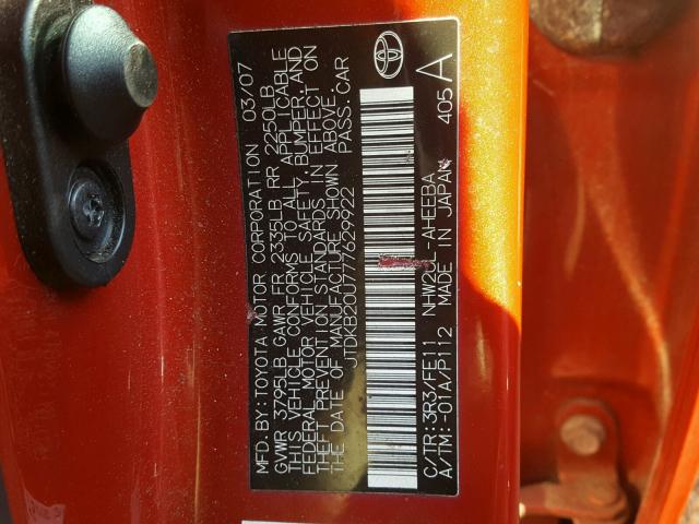 JTDKB20U777629922 - 2007 TOYOTA PRIUS RED photo 10