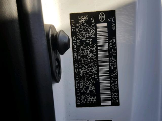 JTKJF5C77B3018966 - 2011 TOYOTA SCION TC 白色 照片 10