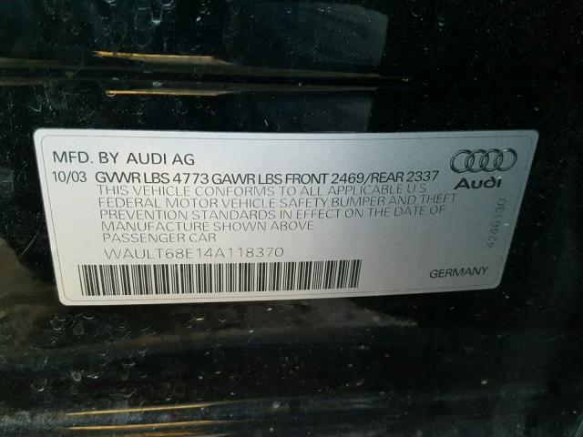 WAULT68E14A118370 - 2004 AUDI A4 3.0 QUA BLACK photo 10