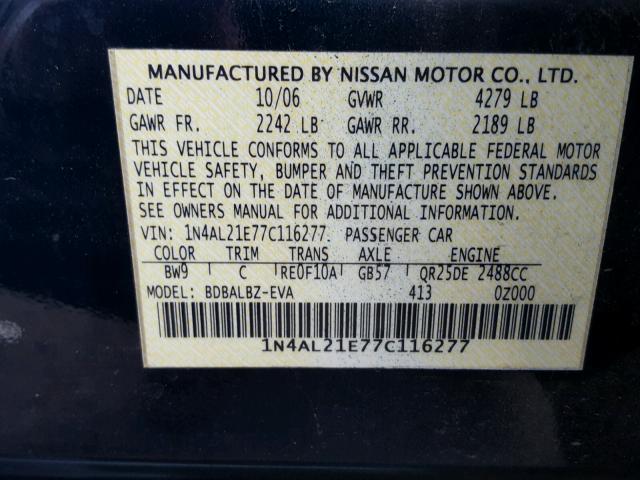 1N4AL21E77C116277 - 2007 NISSAN ALTIMA 2.5 BLUE photo 10