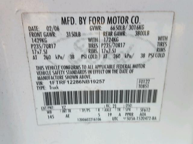 1FTRF12286NB19257 - 2006 FORD F150 BLUE photo 10